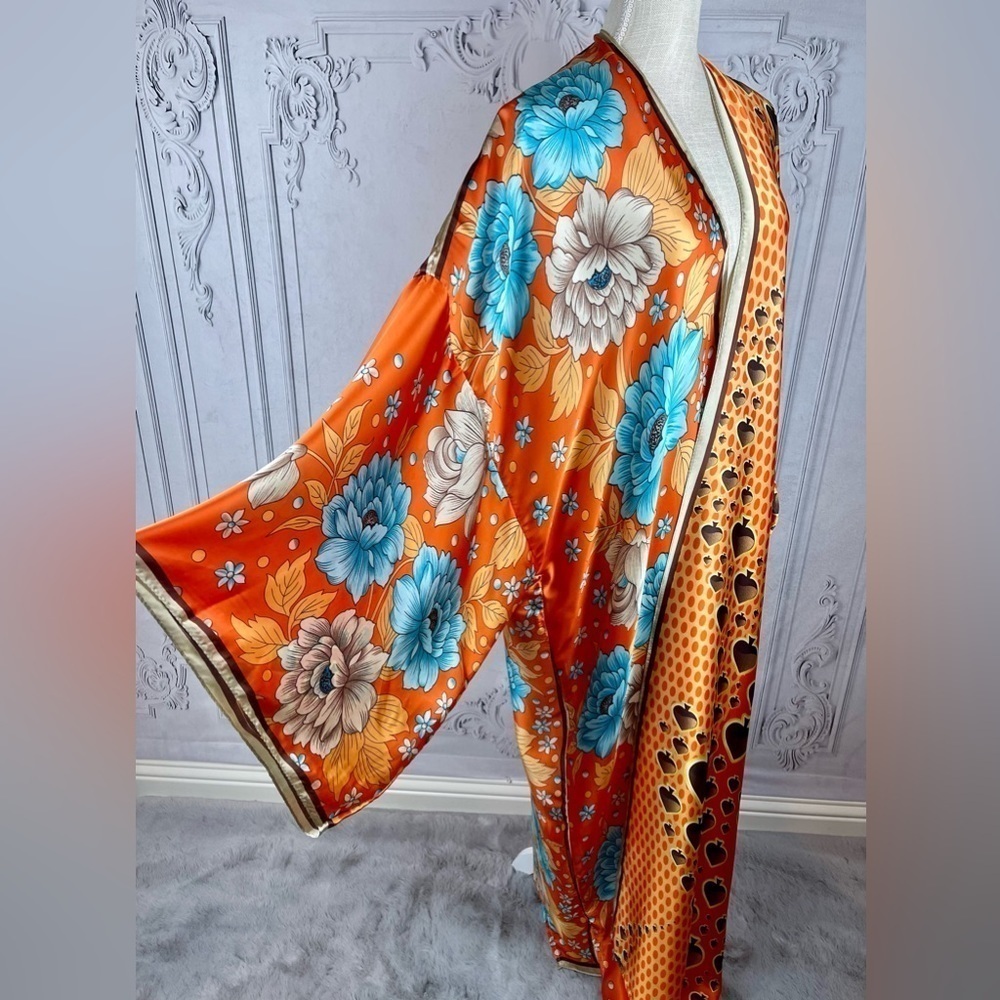 Elegant Bohemian Oversized Kimono Floral Print Cardigan Kaftan Swimsuit Coverup - Picture 3 of 10